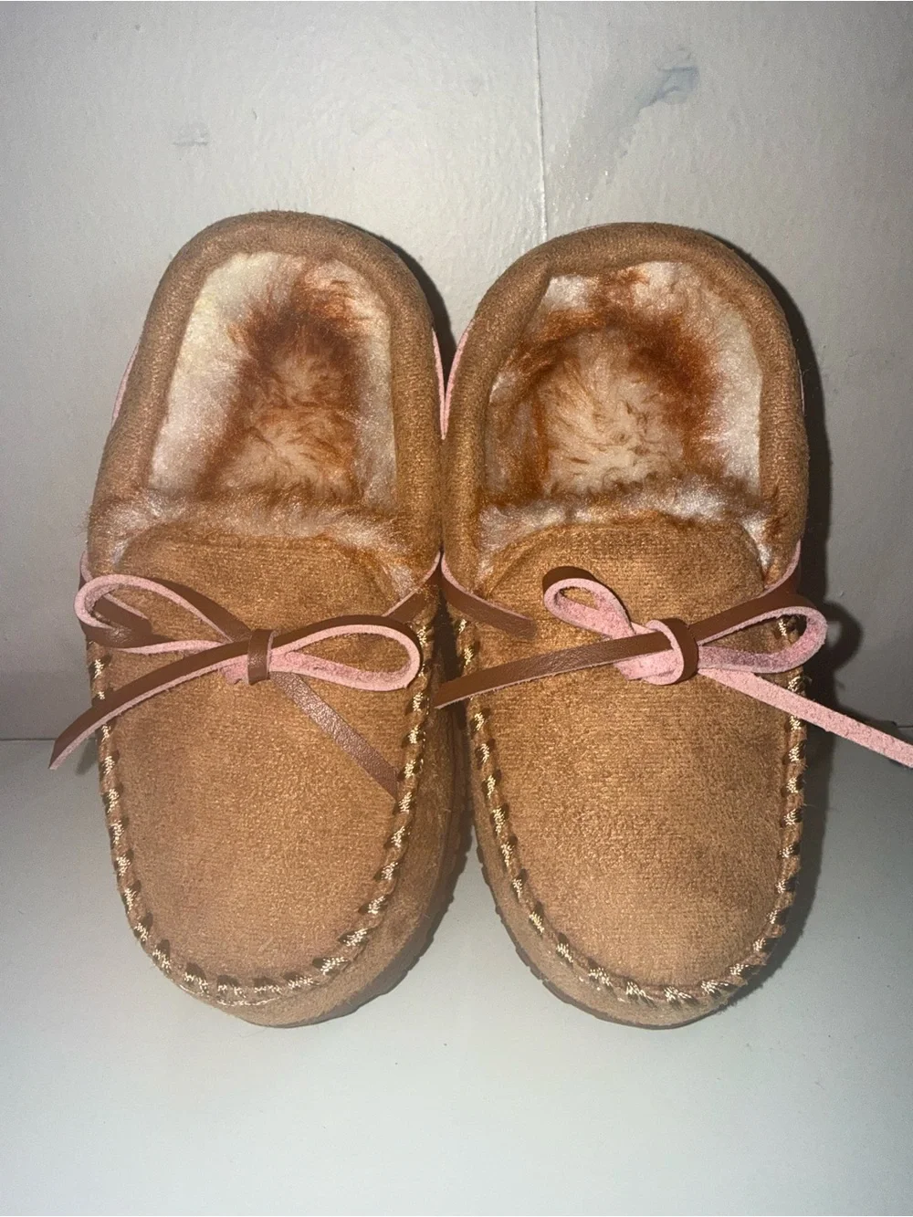 Kids Faux-Suede Moccasin Slippers in Chestnut Brown